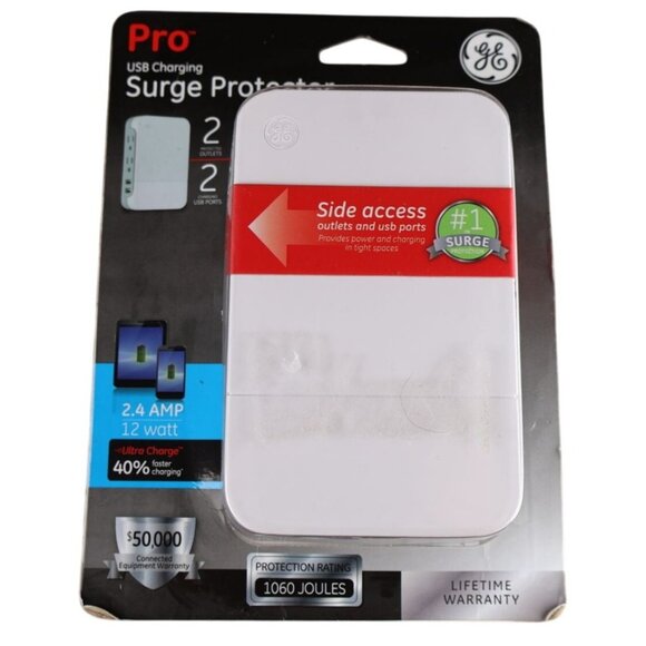 GE Other - GE Pro 2-Outlet USB Surge Protector 2.4A 12W 1060J Side Access 2 Ports White